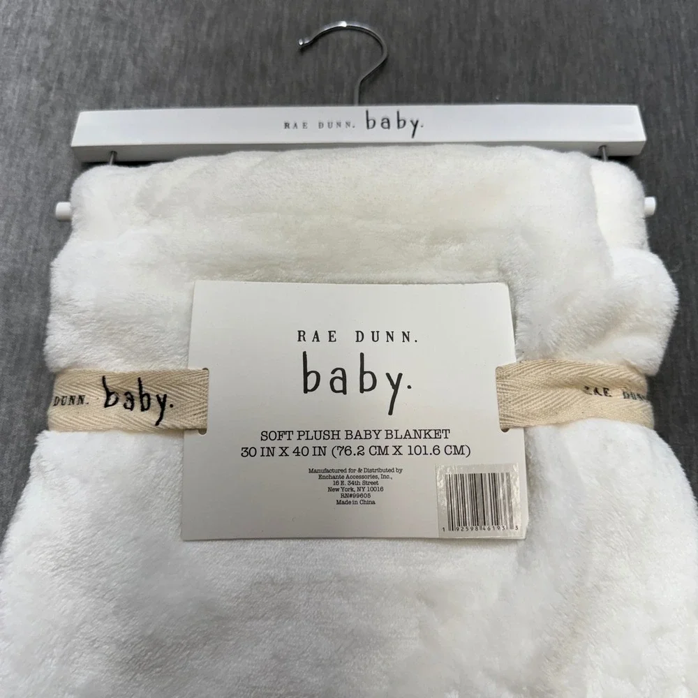 Rae Dunn Baby Snuggle Soft Plush Blanket White Black Whipstitch 30x40 NWT